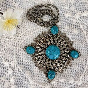 Vintage Faux Turquoise Victorian Revival Pendant Necklace